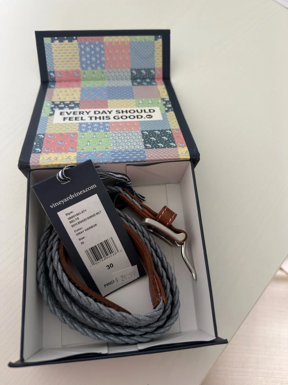 Vineyard Vines Braided Grey Rope Belt with Brown Leather Trim